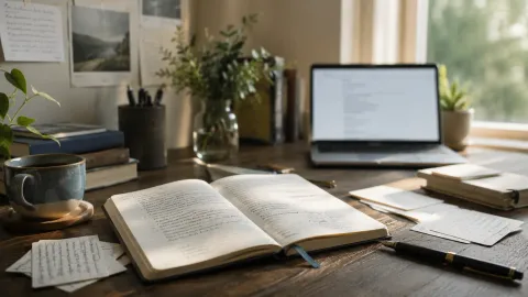 A desk, open notebook filled with loose handwritten notes and small sketches