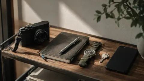 A shelf or tray holding a compact camera, a paper notebook, a wristwatch, a house key, and a phone