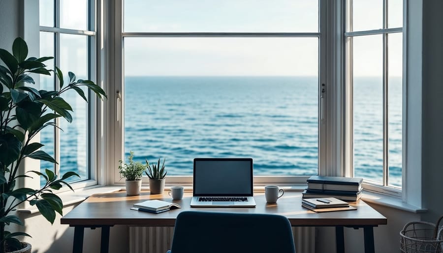 A desk beside a large window overlooking the sea