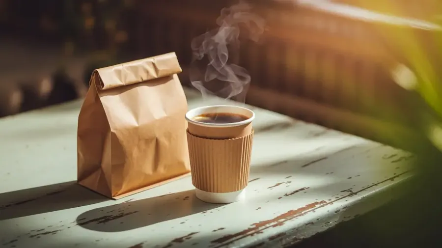 A steaming cup of coffee beside a paper bag filled with pastries, captured in soft natural light