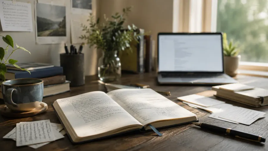 A desk, open notebook filled with loose handwritten notes and small sketches