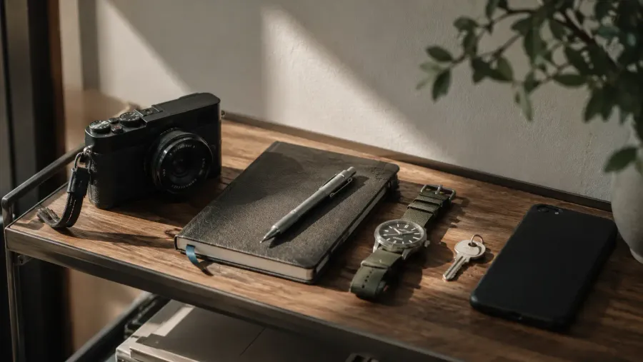 A shelf or tray holding a compact camera, a paper notebook, a wristwatch, a house key, and a phone
