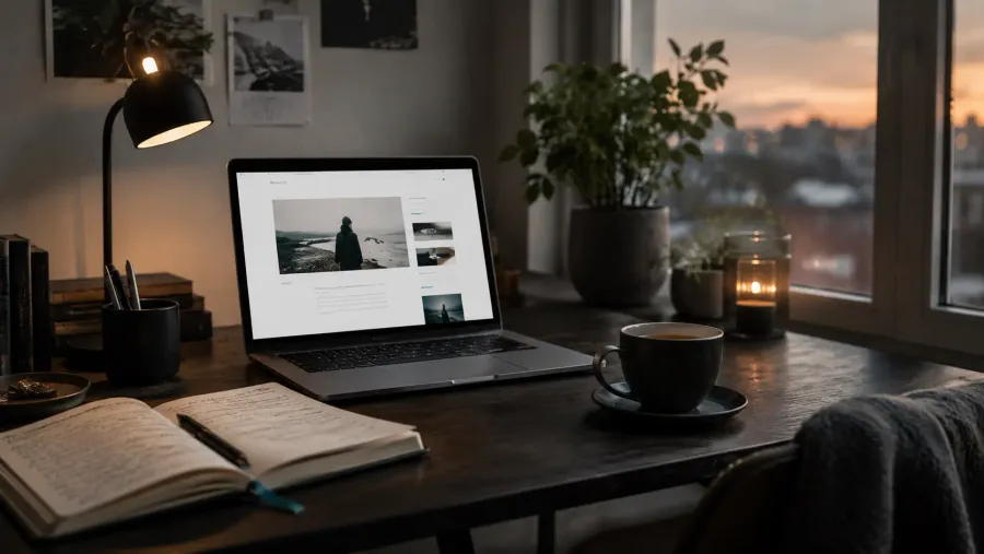 A quiet workspace by a window at dusk